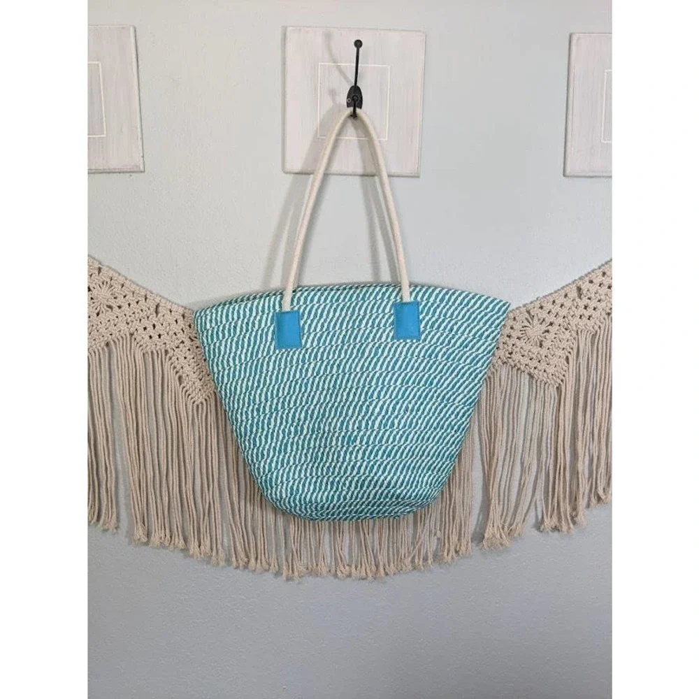 Woven Teal and White Beach Bag